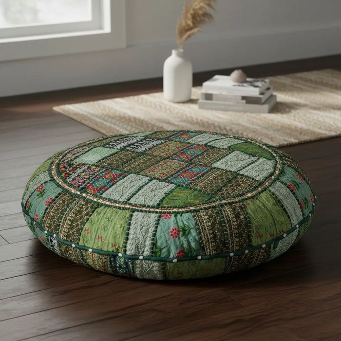 Cojin de Suelo Patchwork Verde Redondo Extra Grande