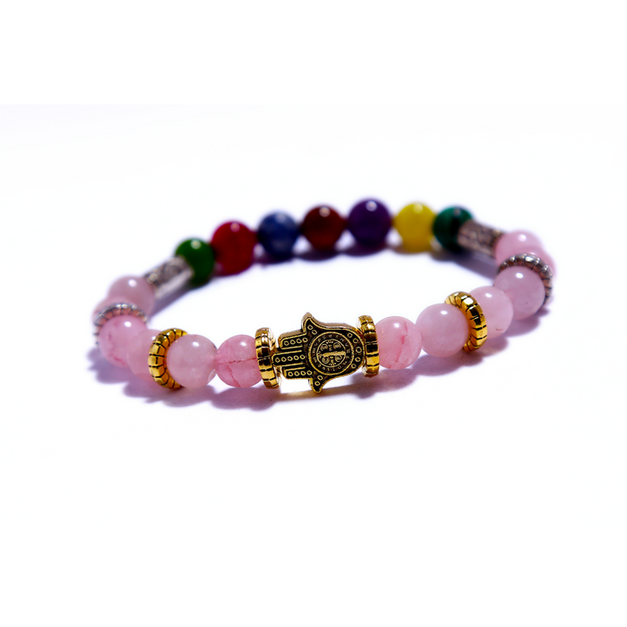 Pulsera Mano de Fatima Charm Cuarzo Rosa